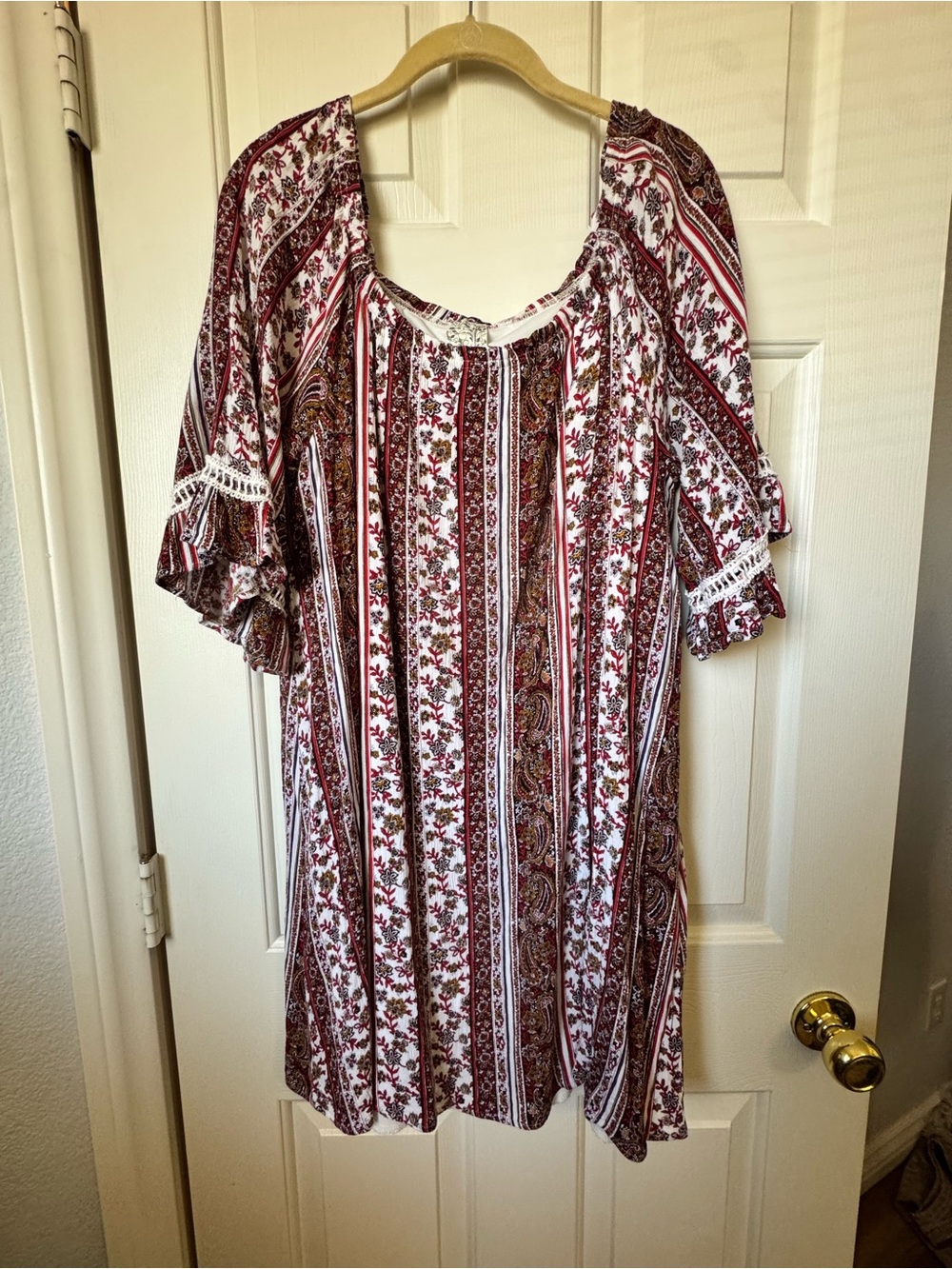 NAÏF Bohemian Stripe Floral Off-Shoulder Dress in Burgundy